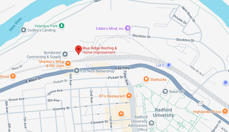 Map showing Blue Ridge Roofing & Home Improvement at 1105 West St, Radford, VA 24141, near Radford University