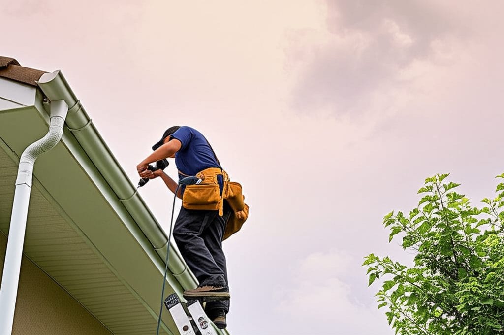 Installer fastening a seamless gutter along a roof edge