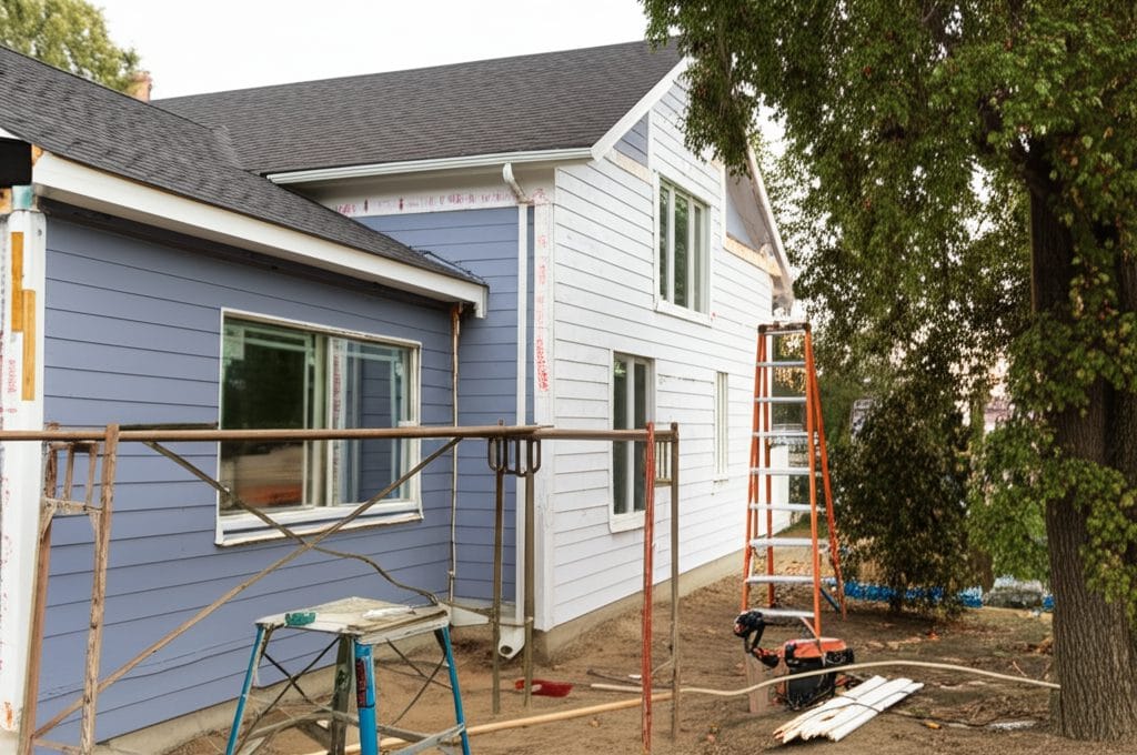 Fiber cement siding being installed on a two-story home