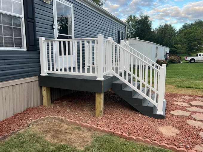 White deck and stairs on a mobile home