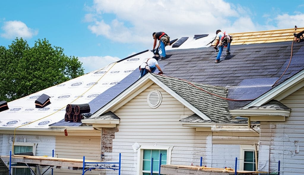 Roofing crew replacing shingles on a house