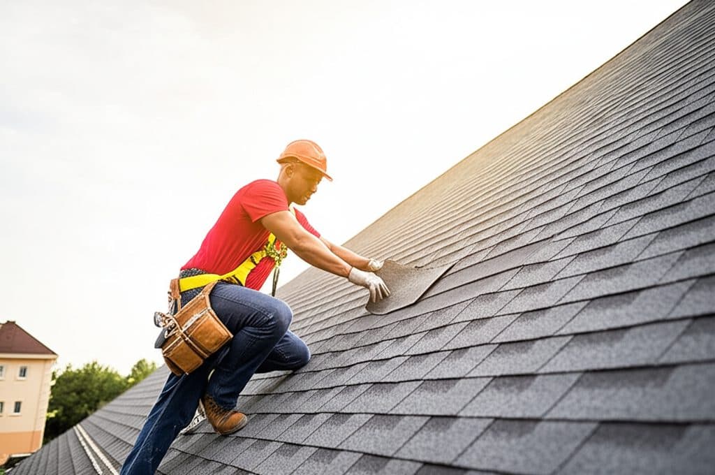 Roofer working on an asphalt shingle roof